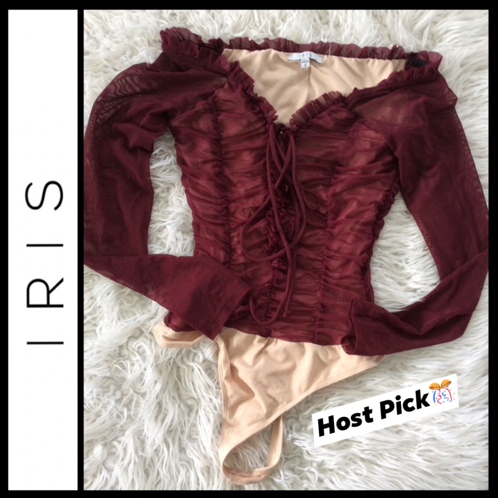 ⭐️HP⭐️NWOT IRIS Ruched Lace-Up Mesh Bodysuit
